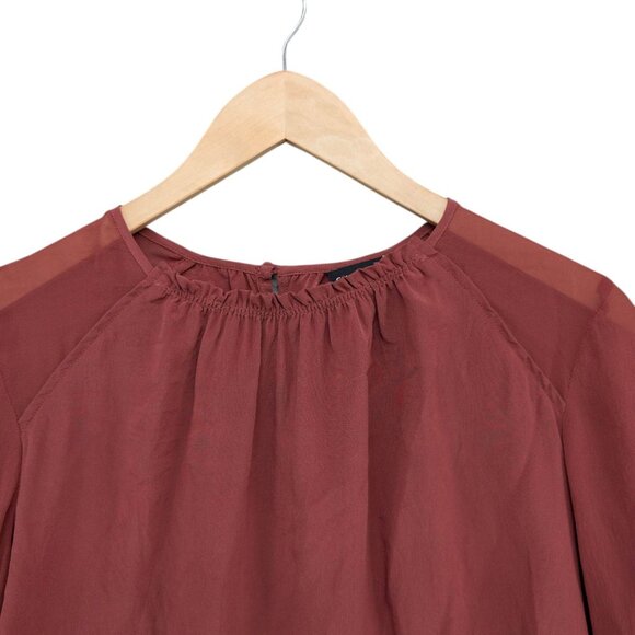 Club Monaco Silk Ruched Neck Top Womens Terracotta Red Long Sleeve Blouse Size M - Picture 4 of 9